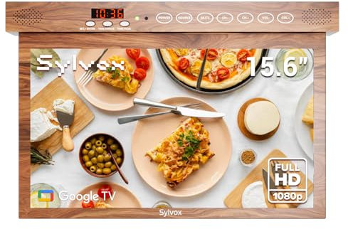 SYLVOX 15.6 inch Smart Under Cabinet TV, 1080P Kitchen Television 360°Rotation & 90°Folding, Built-in Timer, Screen Casting, Google Assistant, Flip Down TV for Kitchen, Bedroom, Campervan (Wood Grain)