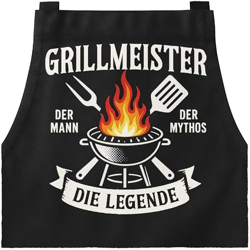 MoonWorks® Grillschürze für Männer – Grillmeister Spruch „Der Mann. Der Mythos. Die Legende.“ – Lustige BBQ Schürze aus Baumwolle Schwarz unisize