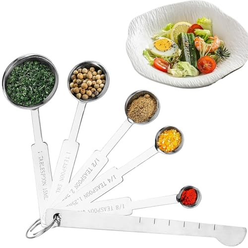 YUNYU Juego de cucharas medidoras de acero inoxidable con regla, 5 herramientas de cocina para ingredientes secos y líquidos, marcas claras y diseño duradero (esenciales para hornear/cocinar)