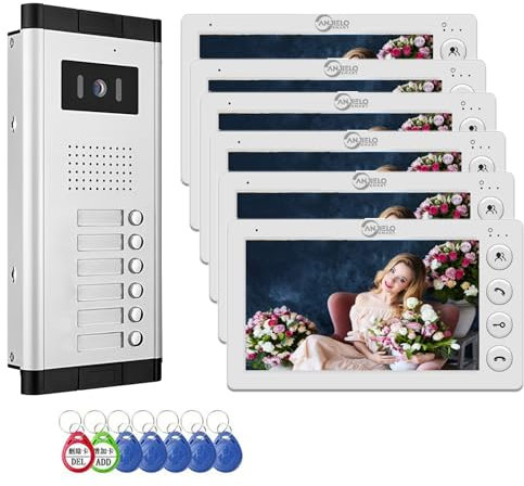 ANJIELO SMART Videoportero con Cable para Apartamentos,2/3/4/5/6/8/10/12 Unidades,Kit de videoportero de 7 Pulgadas,Desbloqueo con una Sola Llave (1 Timbre + 6 Monitor)