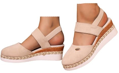 Keilabsatz Schuhe Damen Elegant Leder Bequeme Espadrilles Vorne Geschlossen rutschfeste Elastisch Slingback Sandalen 2025 Sommer Lässige Urlaub Reise Sandaletten mit Riemchen (Beige, 40)