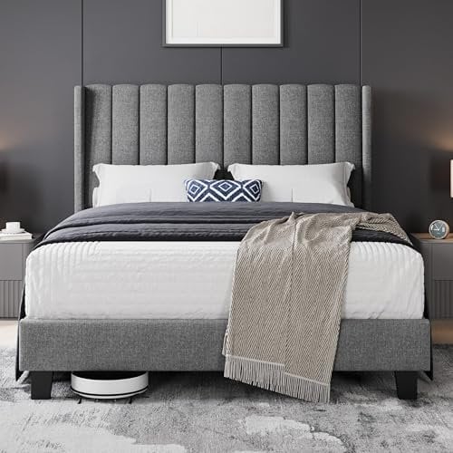 Yaheetech King Bed Frame, Upholstered Platform Bed with Channel Tufted Headboard & Wing Side, Wood Slat Support, Mattress Foundation, No Box Spring Needed, Noise-free, 5ft King Bed Light Grey