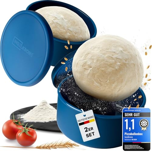 Inselkrone Pizzaballenbox mit Deckel, 2er Set - Teigbox aus flexiblem Silikon - bis zu 350g Pizzateig Box mit Deckel - atmungsaktive Pizza Ballenbox, Pizza Box, Gärbox - Blau - Ø14 cm