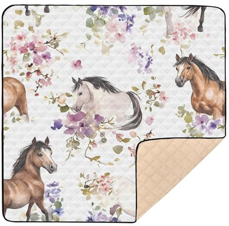 Baby-Spielmatte mit Pferde-Blumenmuster, niedlich, faltbar, für drinnen und draußen, ungiftig, für Babys, Kleinkinder, 127 x 127 cm