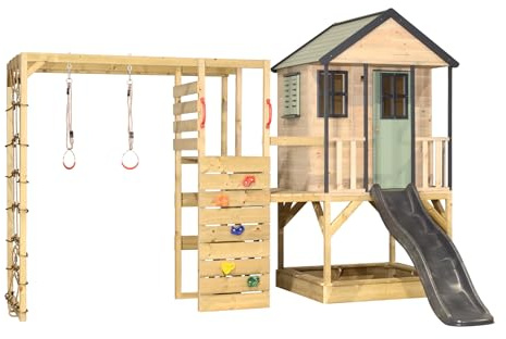 Wendi Toys M48-G Stelzenhaus mit Rutsche, Kletterturm aus FSC-Holz, Spielhaus Kinder Outdoor Garten mit Plattform 90/120 cm, Kletterwand, Kletternetz, Turnringe, 340×360×242 cm