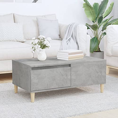Hoopleep Betongrau Couchtisch, 90x50x36.5 cm, Moderner Holzwerkstoff Wohnzimmertisch mit 1 Schublade, Robuste Tischplatte, Massivholz Eukalyptus Beine, Skandinavisches Design für Wohnzimmer