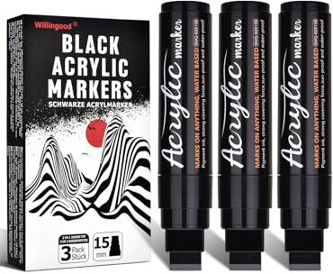Willingood 3x Schwarz Acrylstifte, Jumbo Marker Set, 15mm Filzspitze | Schnelltrocknend, Zeichenset (3-in-1), Permanentmarker für Steine, Keramik, Glas, Holz, Reifen, Stoff, Metall, Leinwand, DIY