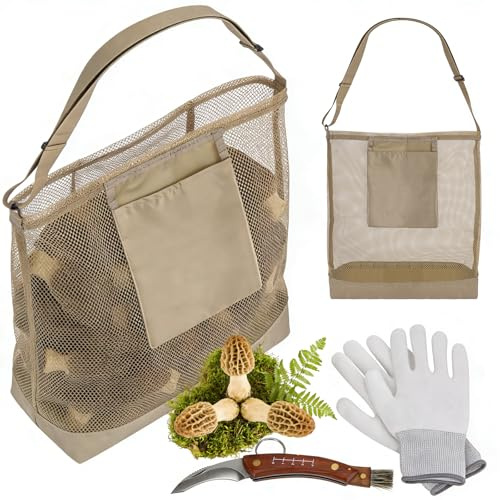 LIBKUR Mushroom Foraging Mesh Bag, Mushroom Foraging Kit with Non-Slip Gloves and Knife for Outdoor Mushroom Harvesting Collecting Lovers(Khaki)