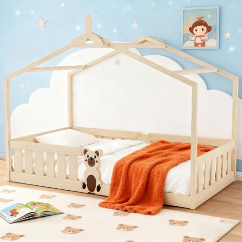 CUPCHID 95x205 cm Bodenbett, Rausfallschutz abnehmbar, bis 200 kg belastbar, Roll-Lattenrost, Montessori Kiefer Massivholz Bett (A)
