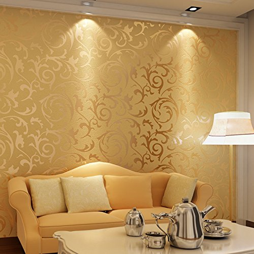 Geprägt Vliestapete Goldene Mode 3D Luxus Wallpaper Strukturierte Tapetenrolle 3D Optik Vlies Rolle Wandtapete Wohnzimmer TV Sofa Hintergrund (Golden)