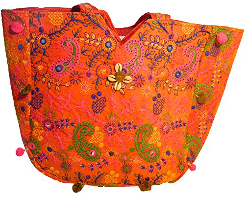 Indische Baumwolltasche bunt orange Paisley Stickereien Spiegel Tasche Accessoire