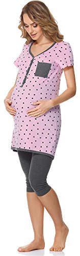 Bellivalini Damen Umstands Pyjama mit Stillfunktion BLV50-126 (Rosa Punkte/Graphite, XL)