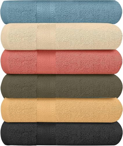 KAHAF COLLECTION 6 Pack Bath Towels Set (27 x 54 Inches) 100% Ring Spun Cotton, Lightweight, Quick Dry, Highly Absorbent Towels Multicolor, (27x54) Inches