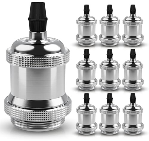 DiCUNO E27 vintage solid Lampenfassung, Chrome Color, DIY, 10er Pack | Aluminium&Keramik Lampenhalter, E27 Sockel für Glühbirne, Antiker-Look für Wand-, Tisch- & Deckenleuchte, ideal für Café, Bar