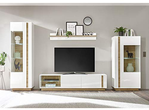 Lomadox Wohnwand mit LED und 2 Vitrinen in weiß Glanz und Grandson Oak Eiche Nb.