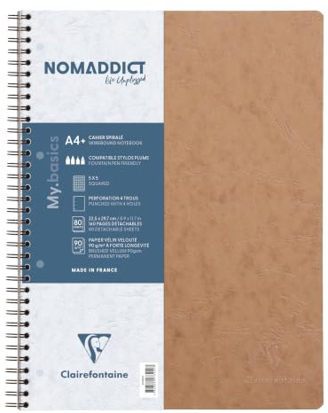 Clairefontaine 78252C - Collegeblock / Heft Age Bag mit Doppelspirale, DIN A4+ 80 Blatt abtrennbar, perforiert, 4-fach gelocht, kariert, Tabakbraun, 1 Stück
