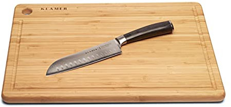 KLAMER Premium Santoku Damastmesser mit Bambus Schneidebrett, echter japanischer Stahl 18 cm Kochmesser