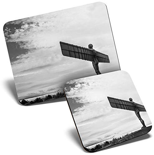 Mouse Mat & Coaster Set - BW - Angel Of The North Newcastle England UK 23.5 x 19.6 cm & 9 x 9 cm for Computer & Laptop, Office, Gift, Non-slip Base #43632
