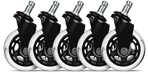 L33T Hartboden-Rollen für Bürostuhl und Gamingstühle, 5er Gaming-Bürostuhlrollen, Ersatzrollen Drehstuhlrollen 3 Zoll Gummi Ersatz Räder für die meisten Bürostühle, Weiß