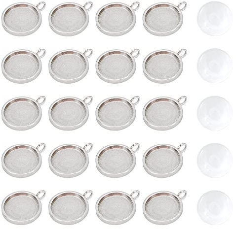 UNICRAFTALE 30 Sets 12mm Runde Lünette Anhänger Mit Cabochons Edelstahl Charms Anhänger Cabochon Einstellungen Für DIY Schmuckherstellung, Edelstahl Farbe