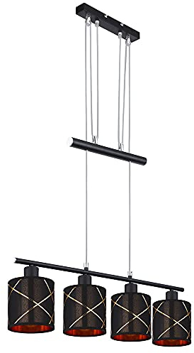 Hängeleuchte Pendellampe Hängelampe Höhenverstellbar Designleuchte Esstischlampe mit Stoffschirmen, Metall, schwarz matt, Textil Acryl goldfarbig, Fassung 4x E27, LxBxH 76x13x140 cm