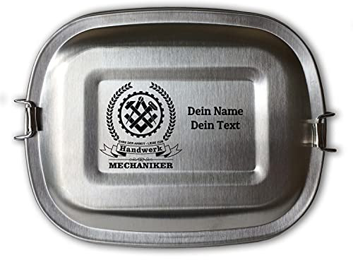 elbedruck Edelstahl Brotdose Lunchbox Erwachsene mit Gravur Zunftsymbol Mechaniker und Wunschgravur Dein Name personalisiert in 3 Größen auch als Set (Lunchbox Mechaniker groß)