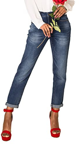 Nina Carter Q1806 - Pantalones vaqueros para mujer, estilo boyfriend, cintura alta, aspecto desgastado, efecto lavado, Azul (Q1806-2), XS