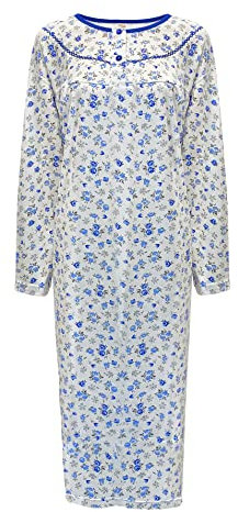 i-Smalls Women's Thermal Nightdress 100% Brushed Cotton Button Front Long Length Nightie L to 3XL (L) Blue