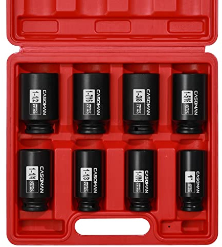 CASOMAN 1/2 Zoll Antrieb Tiefe Spindel Achsenmutter Schlagschrauber Steckschlüsselsatz 6 Punkt CR-MO, SAE, 1 Zoll bis 1-1/2 Zoll, 8-teilig 1/2 Zoll Dr. Deep Impact Steckschlüsselsatz