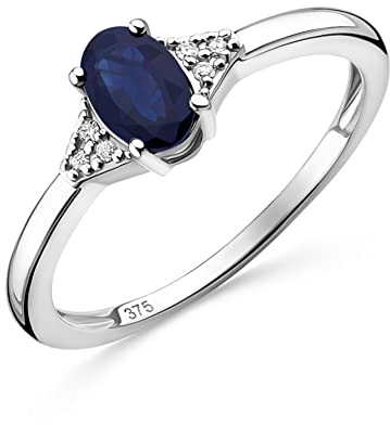 OROVI Schmuck Damen 0.03 Ct Diamant Verlobungsring Weißgold mit Edelstein/Geburtsstein natürlicher ovaler blauer Saphir umgeben von 6 Diamanten Brillanten Ring aus 9 Karat (375) Gold