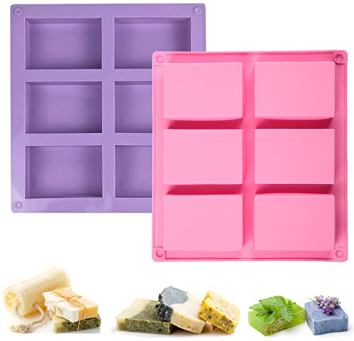 Seifenformen Silikon, 2 Stück Rechteckige Seifenform, Hand Made Seifenform 6-Cavity Rechtecken Seifenformen für Seifenherstellung, Cupcakes, Schokolade, Biscuit DIY hausgemachte Handwerk(Rosa+Lila)
