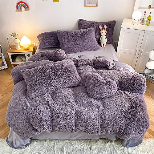 chovy Kunstfell Plüsch lila Bettwäsche-Set Queen – Ultra weich Shaggy Flanell Samt Flauschig Fuzzy 3-teiliges Bettwäsche-Set (Bettdecke x 1 Kissenbezüge x 2)