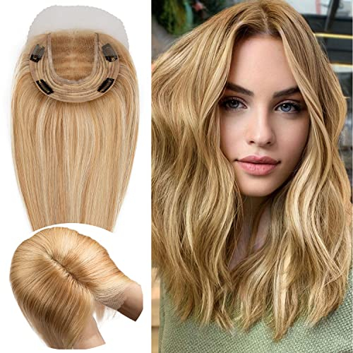 Originea Echthaar Topper Für Frauen Dünner Werdendes Haar 150% Dichte Clip in Topper Echthaar Extensions 14x15cm Mono Basis Handgefertigt Toupet mit Spitzenfront 40cm-80g #P18/613
