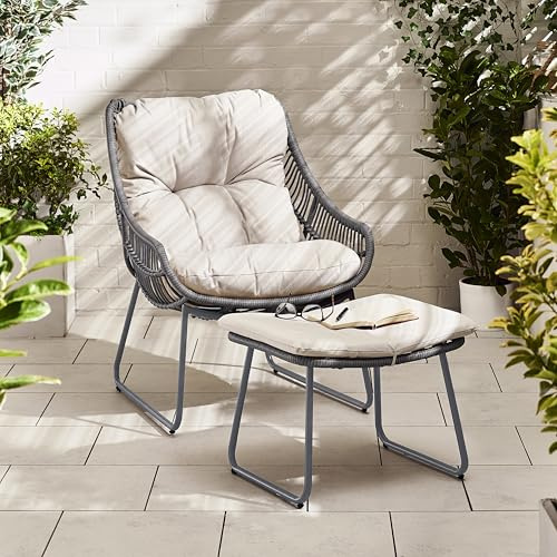 Furniturebox Rattan Lounge Chair & Footstool - Grey & Greige Cushions - Industrial Trapezoid Legs, 71x78cm - Tahiti Collection