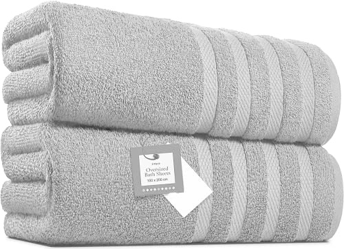 Pack of 2 Extra Large Bath Sheets (100 x 200 cm-600 GSM) Pure Egyptian Cotton Big Body Wrap Bath Sheet Towels for Bathroom,beach, Pool (Silver, Cotton)