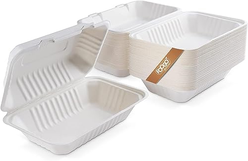 FOOGO Green 50pcs Eco-Friendly Clamshell Takeaway Boxes, 9x6 inch, 32oz / 900ml, Made from Natural Sugarcane Pulp, Disposable Food Container, Home Compostable Biodegradable, Sugarcane bagasse