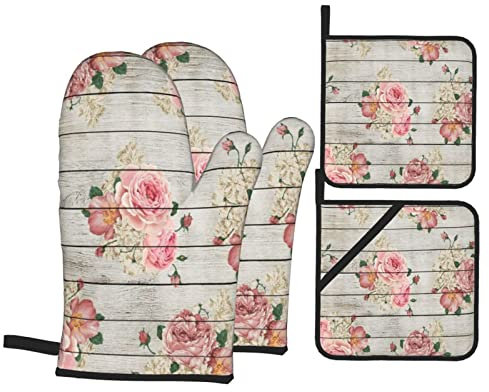 Ofenhandschuhe und Topflappen im 4er-Set, Rose auf rustikalem Holzbrett, Vintage-Blumen-Aquarell, Retro-Landhausstil, Ofenhandschuhe, hitzebeständiges Ofenhandschuh-Set, Topflappen für Küche, Backen,