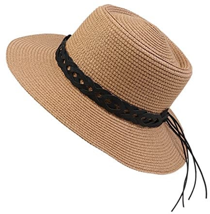 NiceYnn Sun Hat Summer Straw Hat Elegant Concave Crown Top Church Wedding Boater Sunhat Beach Braid UPF50+ 20s Foldable Cap for Women Men F Black Band & Khaki