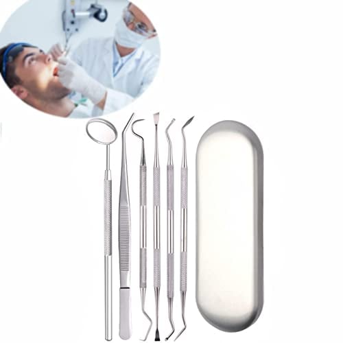 Breadom Outils de Nettoyage Dentaire,Outils de Nettoyage des Dents,kit d'élimination de la Plaque Dentaire,Cure-Dents en Acier Inoxydable, Miroir buccal,Pince à épiler,avec étui,pour Les dentistes