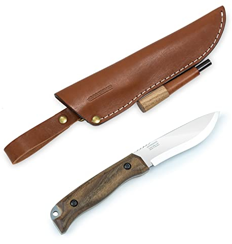 BPS Knives HK1 CSHF Coltello in Acciaio al Carbonio Fatto a Mano con Acciarino - Coltello Scandinavo a Lama Fissa e Impugnatura Intera - Coltello da Campeggio con Fodero in Pelle