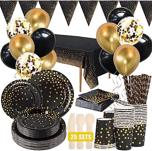 Vaisselle Anniversaire,25 Invités Vaisselle de Fête Or Noir,Tasses,Pailles,Serviettes et Nappe pour Fêtes Anniversaires Mariages