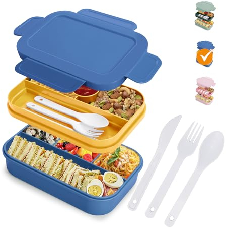 HappyRhino Bento Box Lunchbox für Erwachsene für Frauen - 2000 ml doppellagig auslaufsicher, 4 + 4 Fächer, mit Gabel & Löffel, BPA-frei, mikrowellen- und spülmaschinenfest (Blau)