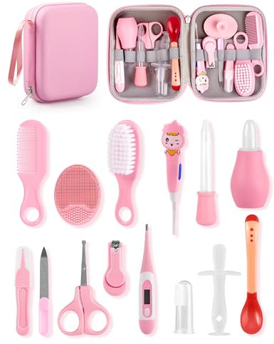 15pcs Trousse de Soin Bebe Kit Trousse de Toilette Bebe pour Prendre Soin kit de Soins pour bébé Professionnel Sans BPA Accessoires Bebe Naissance Fille pour Voyage Maison - Rose