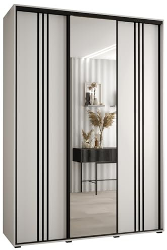 MEBLE KRYSPOL Davos 7 170 Schlafzimmerschrank mit DREI Schiebetüren - Moderner Aufbewahrungsschrank mit Spiegel, Kleiderstange und Regalen - 235,2x170x45 cm - Weiß Weiß Schwarz