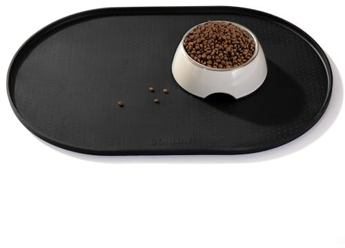 Conlun Napfunterlage Hund,1,2cm Hohe Ränder Futtermatte Katzen zur Vermeidung von Verschüttungen,BPA-Freie Silikonmatte mit Rand Gummi-Hundenapf Unterlage für Futter-und Wassernäpfe(Schwarz,48x30cm)HS