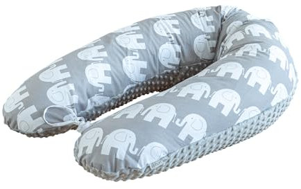 LOOLAY Schwangerschaftskissen - Stillkissen 190 cm - Seitenschläferkissen 100% Baumwolle - mit Abnehmbarem Minky Bezug - Ergonomisches Schwanger Kissen für Schlafen (Elefant Grau/Minky Grau)