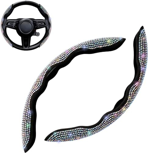 mzoLife Auto-Lenkradbezug, universeller Diamant-Bling-Lenkradbezug, 2 Stück segmentierter Lenkradschutz, sicheres und rutschfestes Auto-Zubehör (schwarz, weißer Diamant)