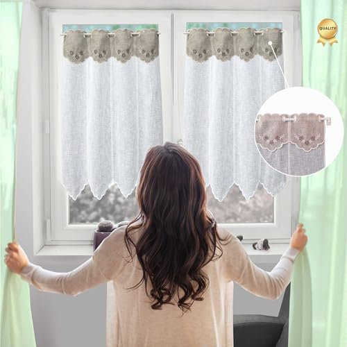 FacilCasa 2 Tende per Interni a Vetro Finestra + 2 Mantovane Ricamate - Coppia Tendine Finestra a Vetro per Cucina, Bagno e Soggiorno - Made in Italy H90 x L45 cm