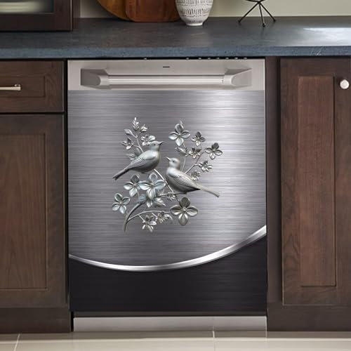 Grey Metal Silver Pattern Dishwasher Cover Sheet Magnetic Bird Flower Polishing Steelbird Dishwasher Skin Decor Silver Texture 23X26 INCH Magnet Rerigerator Wrap Kitchen Panel Full Decal