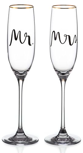 DIAMANTE Wedding Flute Pair - Mr & Mrs with Gold Rim - Gift Pack of 2 Champagne Glasses Kate Spade